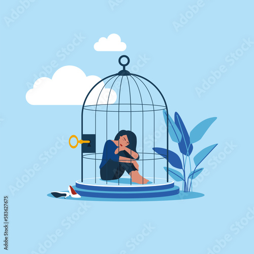 Depressed woman lock herself sit inside birdcage. Anxiety or depression, solitude, fear to get outside. Modern vector illustration in flat style