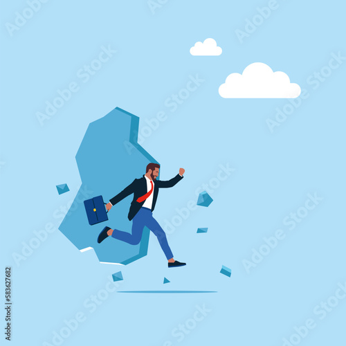 Businessman jump to breakthrough the wall for freedom. Modern vector illustration in flat style
