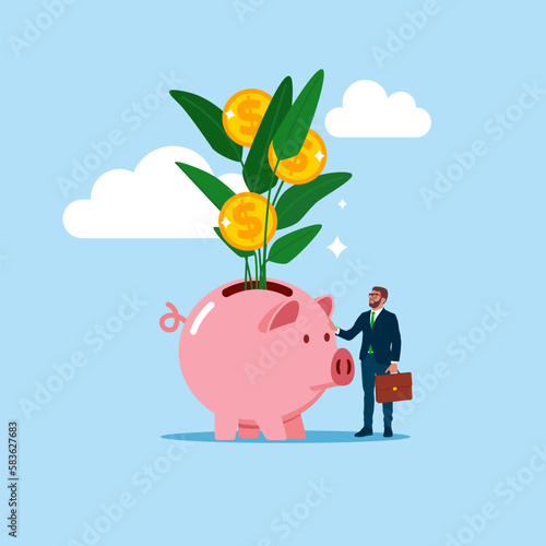 Businessman investor hand holding money flower plant from piggy bank. Investment growth, prosperity or earn more money from savings, mutual funds. Modern vector illustration in flat style