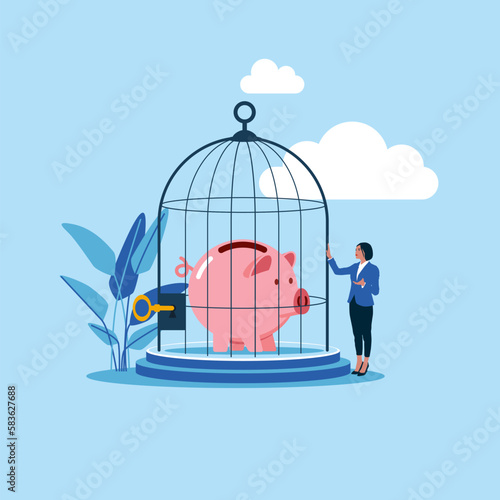 Businesswoman stand with wealthy piggy bank under bird cage strong protection. Protect money from inflation, insurance. Flat vector illustration