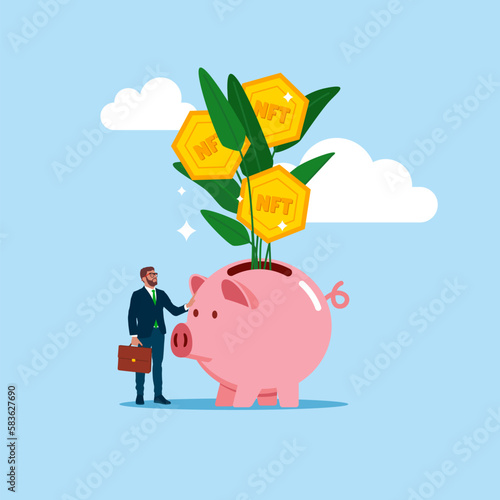 Businessman investor hand holding crypto currency flower plant from piggy bank. Investment growth, prosperity or earn more money from savings, mutual funds. Flat vector illustration