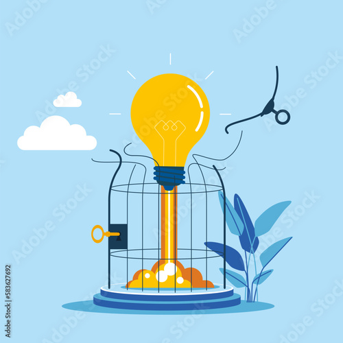 Lightbulb creative idea breaking birdcage with launching rocket booster. Unlock business idea. Flat vector illustration