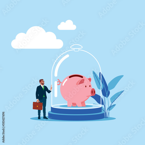 Businessman stand with wealthy piggy bank under glass dome strong protection. Protect money from inflation, insurance. Modern vector illustration in flat style
