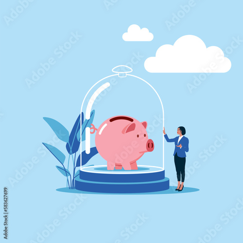Woman stand with wealthy piggy bank under glass dome strong protection. Protect money from inflation, insurance. Flat vector illustration