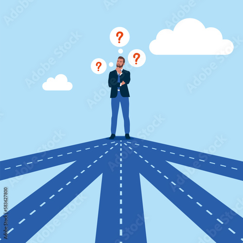 Businessman on crossroad choosing future direction to success or business strategy.  Modern vector illustration in flat style