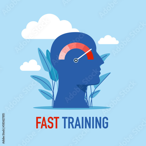 Head and speedometer, fast decision making and boost efficiency. Modern vector illustration in flat style