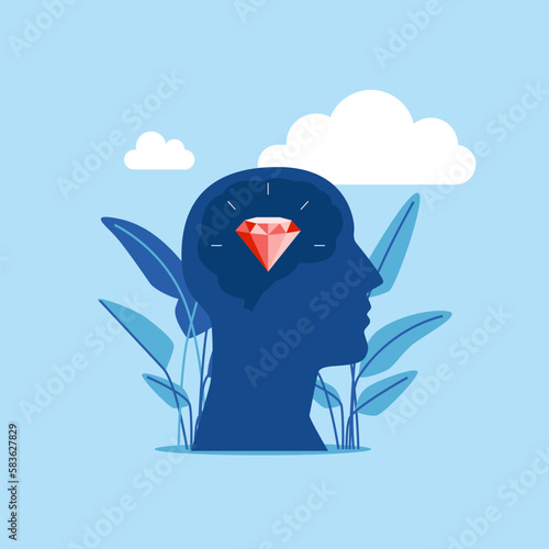 Head and diamond, self esteem and confidence. Modern vector illustration in flat style