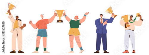 People winner characters holding golden cup award for best achievement business or sport success