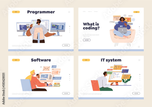 Set of landing page for programming code creation, learning and software development online