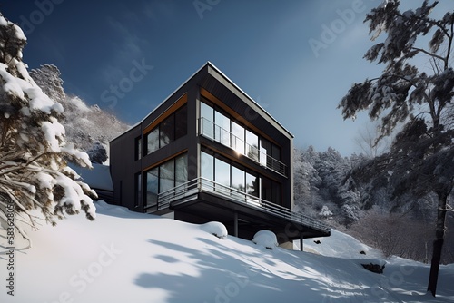 A modern house in the mountains at dusk, illuminated windows, snow, architectural illustration, created with generative AI