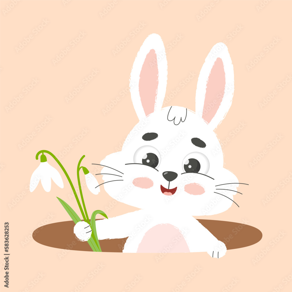Fototapeta premium Cute white bunny with snowdrop in hole. Cartoon vector illustration.