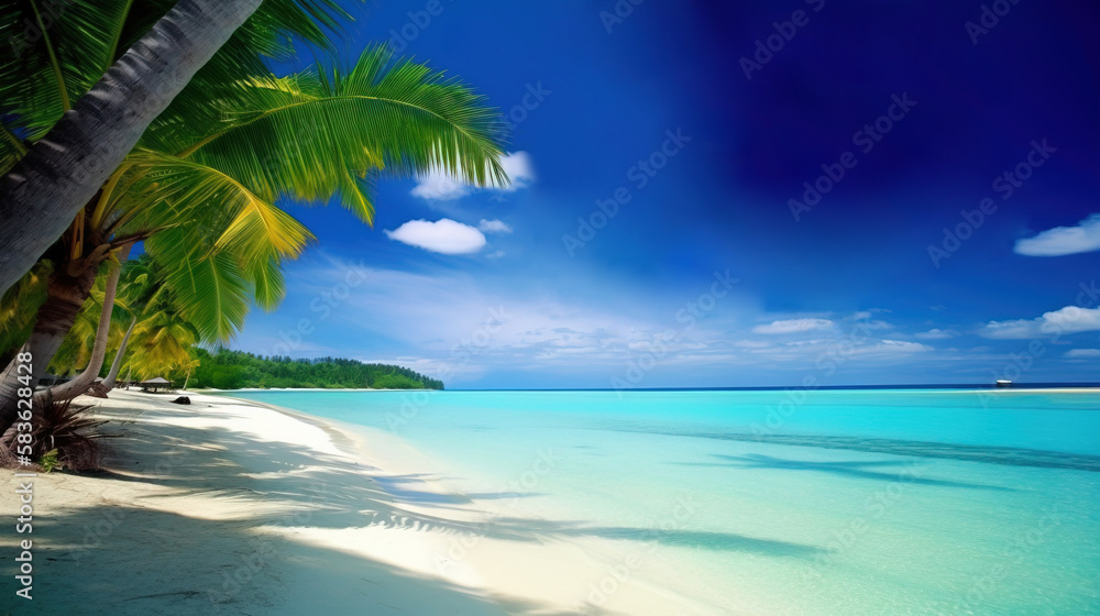 Exotic tropical beach with palm trees near the sea or ocean for relaxation. AI generated.