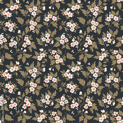 Vector seamless pattern. Pretty pattern in small flowers. Small white flowers. Black background. Ditsy floral background. The elegant the template for fashion prints. Stock vector.