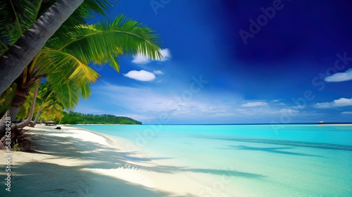 Exotic tropical beach with palm trees near the sea or ocean for relaxation. AI generated.