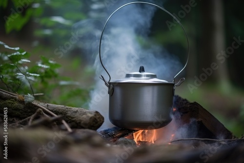 A camping kettle hangs over a fire in the forest in summer. Active holidays on vacation. AI generated.