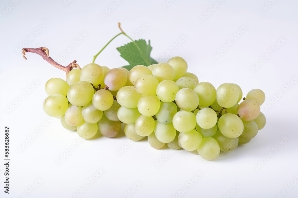 Vine of fresh green Muscat grapes, isolate on white background. Sprig of organic natural food. AI generated.