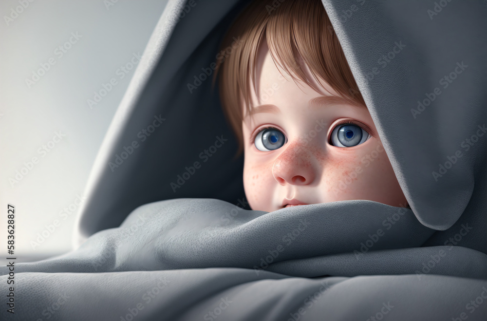 a child boy, preschooler peeking out of a blanket while sitting on the bed. Generative AI. a child boy, preschooler peeking out of a blanket while sitting on the bed. Generative AI.