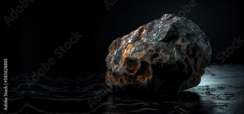 Pudretite is a rare precious natural stone on a black background. AI generated. Header banner mockup with space.