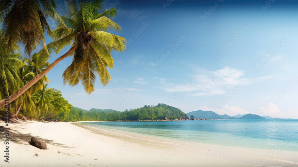 Tropical beach with palm tree. Generative AI