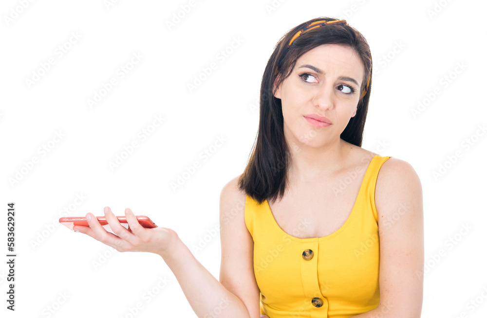 Confused cute woman holding the phone, isolated on white background. Female with smartphone. Nuisance concept Confused cute woman holding the phone, isolated on white background. Female with smartphone. Nuisance concept