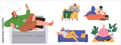 Set of diverse people character relax listening music in headphones using mobile application