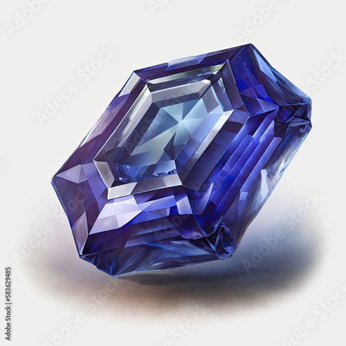 Fronf view of shining brighting tanzanite blue violet zoisite gemstone illustration on a white background. AI generative. photo