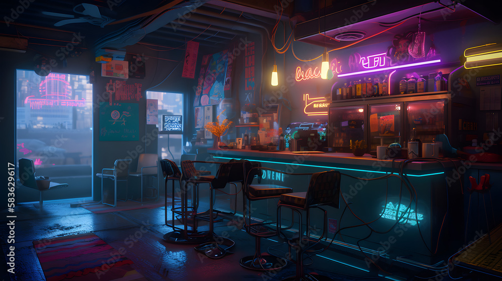 A Cozy Cyberpunk Coffee Shop, AI Generative Stock Illustration Adobe