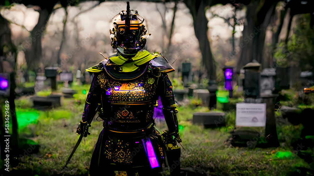 A Futuristic Cyberpunk Samurai in a Cemetery