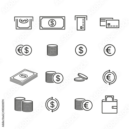 Money set icon. Bill, dollar, ATM, terminal, coin, euro, salary, purchase, wallet, card, bank, credit card. Payment concept. Vector line icon for Business and Advertising