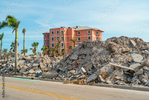 Fort Myers Beach Florida after Hurricane Ian Category 4. Hurricane Season. Tropical Storm. Extremely Strong Wind. Live cam. Palm Trees. Hotels and Resorts on Island. American Coast Gulf of Mexico