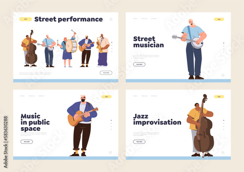 Set of landing page template with musicians playing melody using different musical instrument