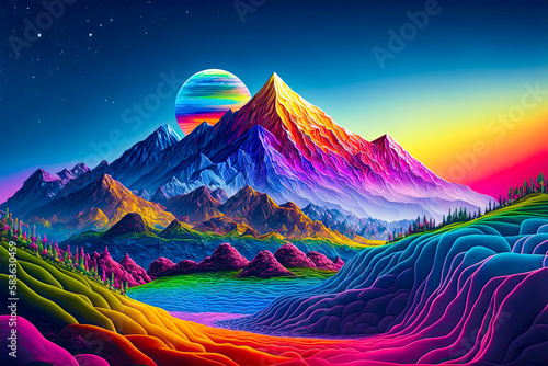 Rainbow landscape, mountain, colorful, fantasy. Generative AI © Sunshower Shots