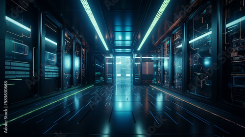 A big IT Serverroom, neon lightning, futuristic matrix style