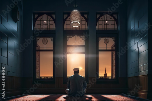 A muslim man praying in mosque. Islamic concept. Ramadan celebration. Ai generated art