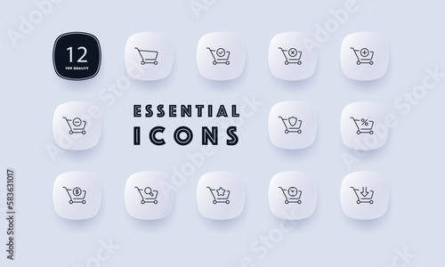 Shopping cart set icon. Search for goods, add to the order, discount, plus, minus, load, dollar, shield, favorite, star, purchase. Buy concept. Neomorphism style. Vector line icon for Business