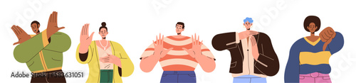 Group of diverse people character showing refusal hand sign with negative emotions