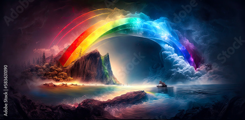 Rainbow landscape, colorful, fantasy. Generative AI