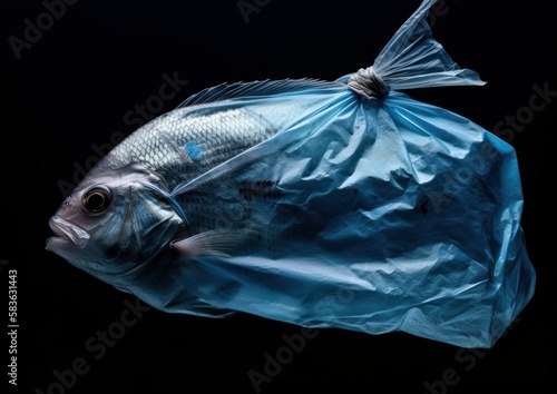 Fish in a plastic bag floating in underwater. Concept of water pollution and environmental crisis. Generative AI.  