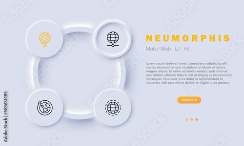 World set icon. Globe, geography, orbit, axis, equator, earth, planet, space, solar system. Cartography and topography concept. Neomorphism style. Vector line icon for Business and Advertising