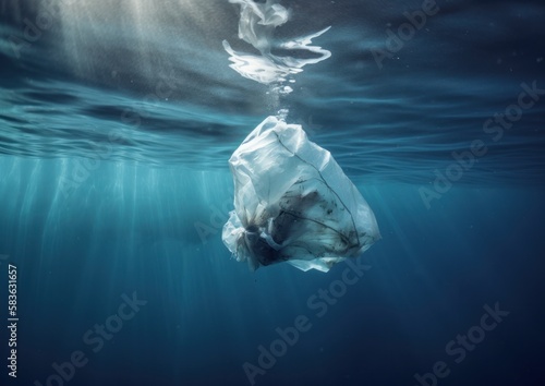Single plastic bag floating in underwater. Concept of marine debris and water pollution. Generative AI.