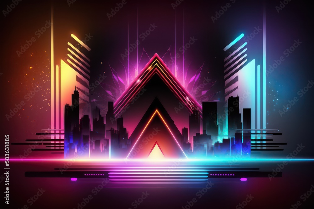 Abstract colorful technology wallpaper background with neon lights. Abstract dj music background. Generative AI.