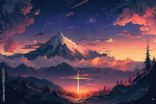 Mountain and sunset view in anime digital art style. Illustration painting. Sky and mountain view wallpaper background. Generative AI.