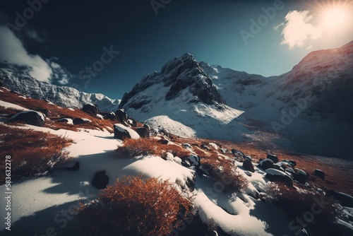 Mountain with warm flare lights in realistic style. Mountain view wallpaper background. Generative AI.