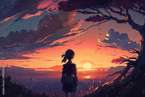 Anime girl looks at the sky horizon with sunset view. Anime art beautiful scenery sunset. Digital art. Illustration painting. Generative AI