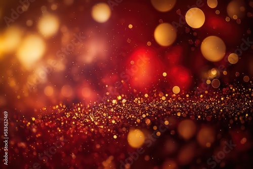 Red and golden glitter with bokeh blur effect lights background. Abstract bokeh lights background. Generative AI.