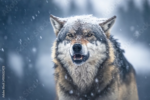 Wolf growling face in realistic style among the snow view. Wallpaper art background. Wolfy. Howling. Generative AI. © SaraY Studio 