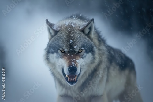 Wolf growling face in realistic style among the snow view. Wallpaper art background. Wolfy. Howling. Generative AI.
