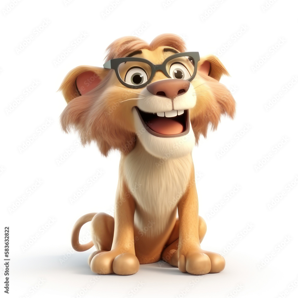 Cartoon lion with glasses on a white background. AI generative.