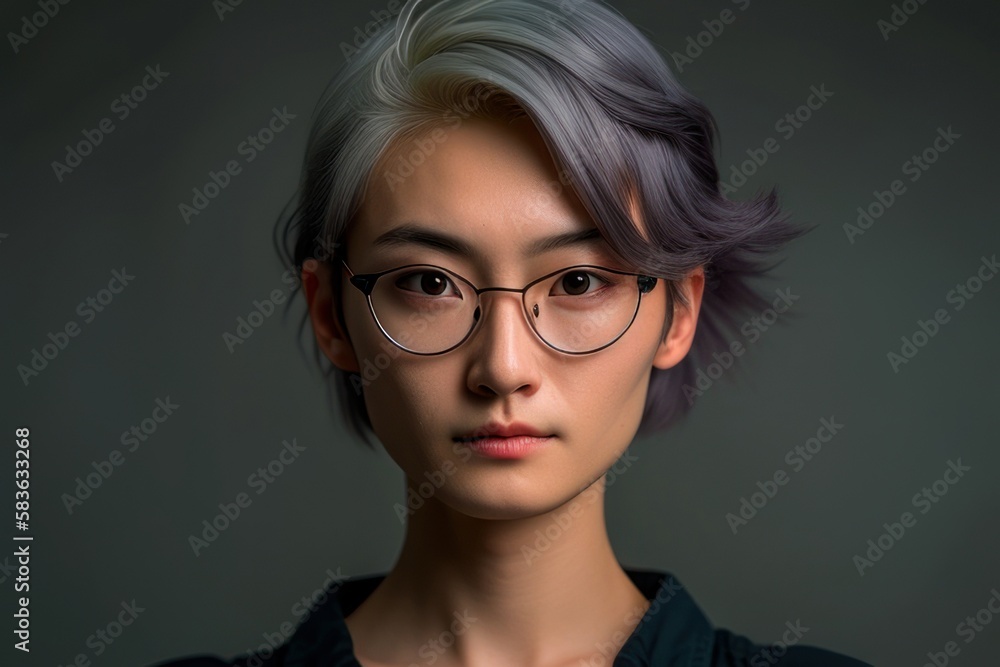 Portrait of a beautiful woman with grey background. Fictional person created with Generative AI
