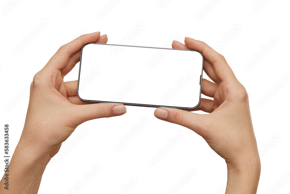 Female hands holding modern mobile phone with blank screen with clipping path isolated at white background. Cellphone mockup. Female hands holding modern mobile phone with blank screen with clipping path isolated at white background. Cellphone mockup.